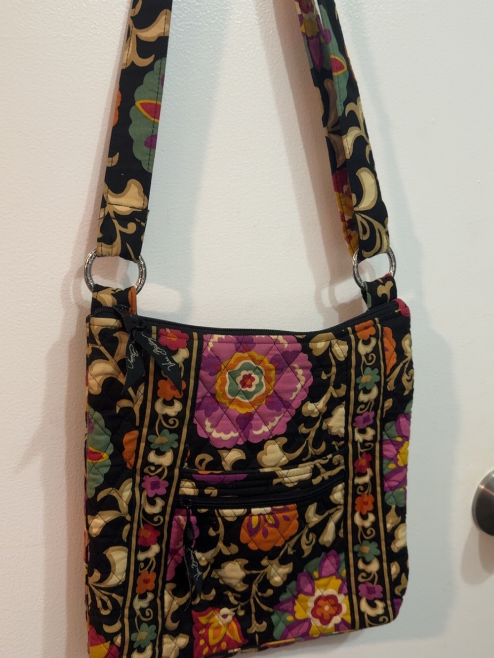 Quilted Floral Crossbody Bag in Black and Multicolor